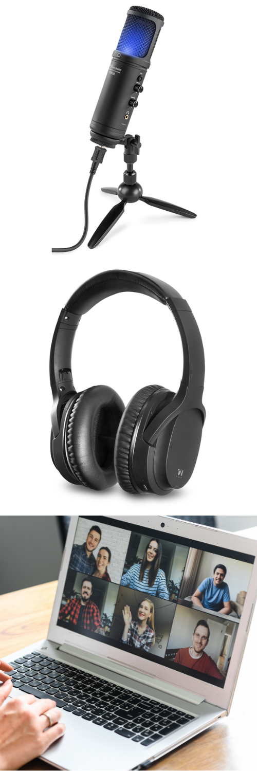 PD PCM120 USB Condenser Microphone, Audizio ANC110 Wireless Headphones with Active Noise Cancellation and a team meeting online