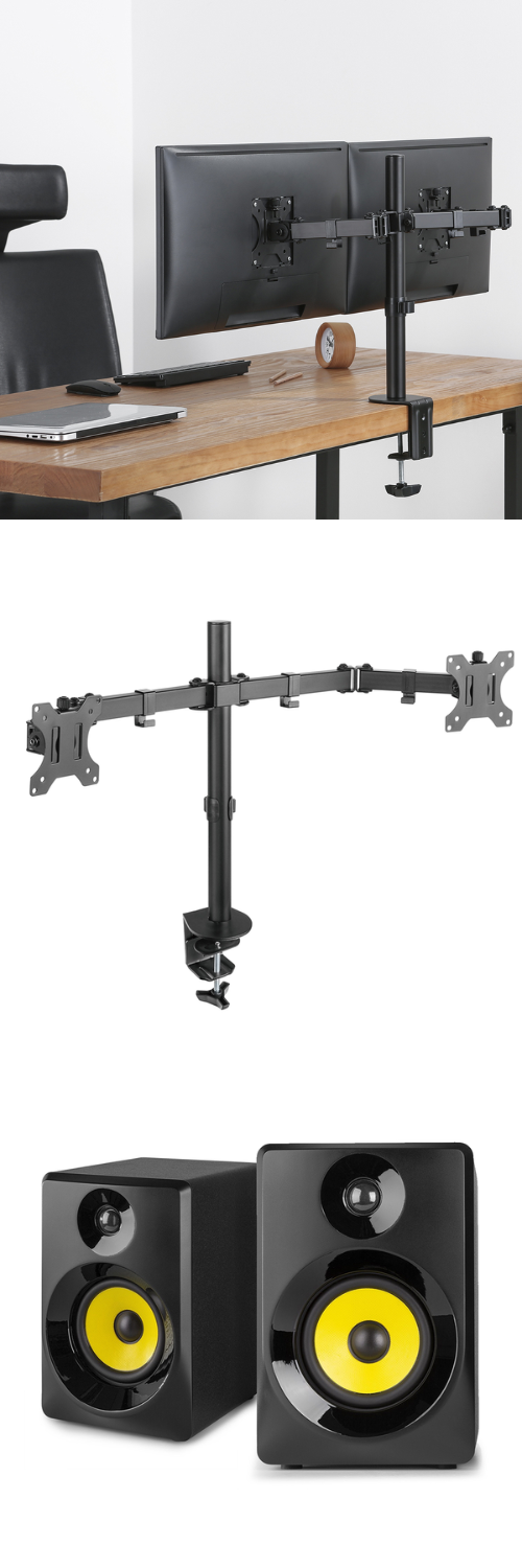 Audizio MAD20 Dual Monitor Desk Stand from behind, Audizio MAD20 Dual Monitor Desk Stand without monitors and Vonyx SMN30B Active Studio Monitors