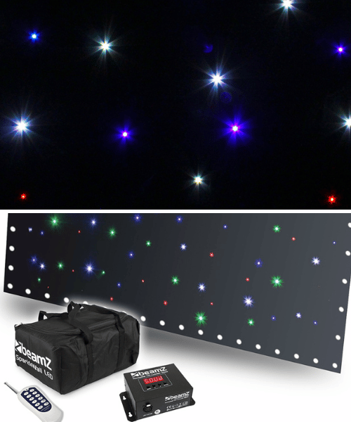 DJ accessories like the BeamZ Sparklewall LED Star Cloth Backdrop 3x2m RGBW with Remote & Bag make a DJ look pro