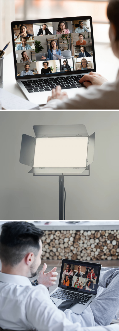 An online Zoom meeting, a Beamz SFP100 LED Panel Softbox (100W CW/WW) and a person holding an online meeting outside
