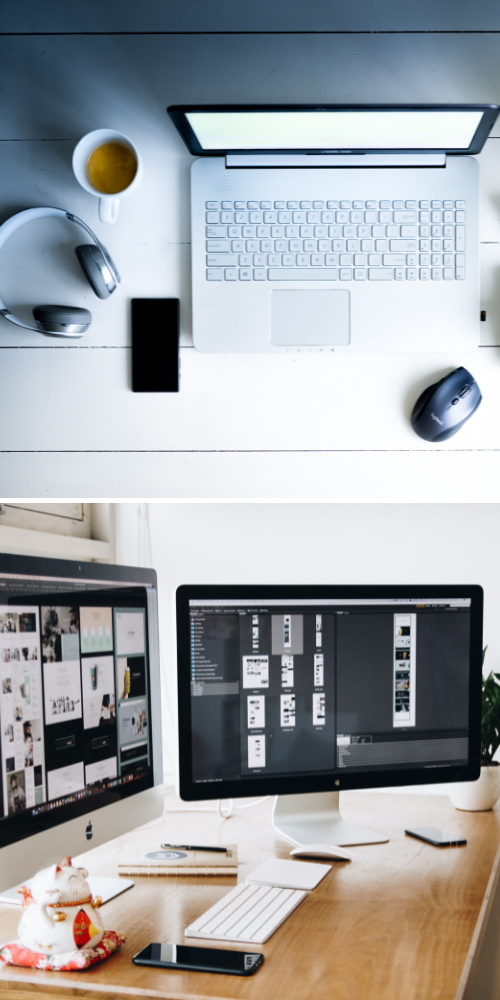 A clean desk with laptop and a clean desk with PCs