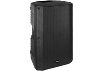 A single active DJ speaker finished in black with metal speaker grille.