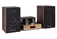 HiFi system with bookshelf speakers and compact stereo amplifier