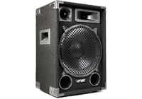 A single passive DJ speaker in a durable impact resistant enclosure with carry handles.